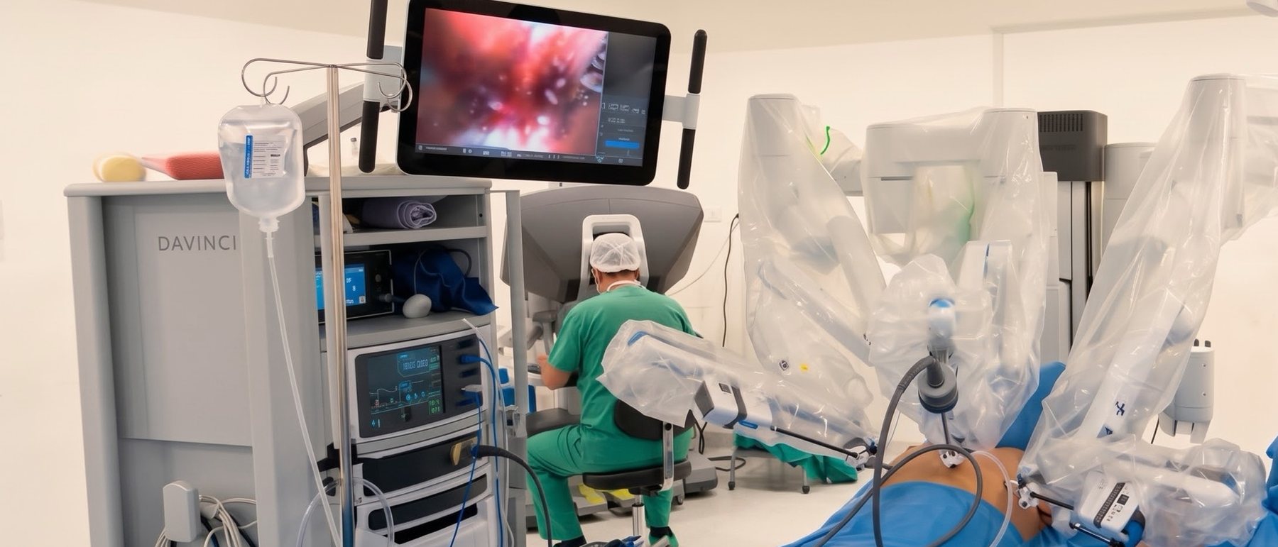 Dr. David Lazo en la consola del sistema Da Vinci durante una cirugía torácica robótica, con los brazos acoplados al paciente