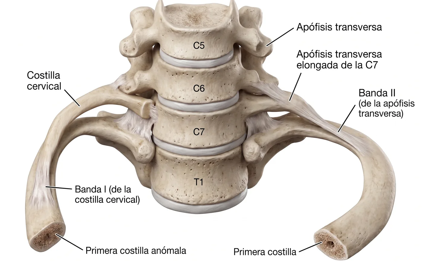 Anomalías óseas del opérculo: costilla cervical con banda I, apófisis transversa elongada de C7 con banda II, primera costilla anómala y primera costilla normal