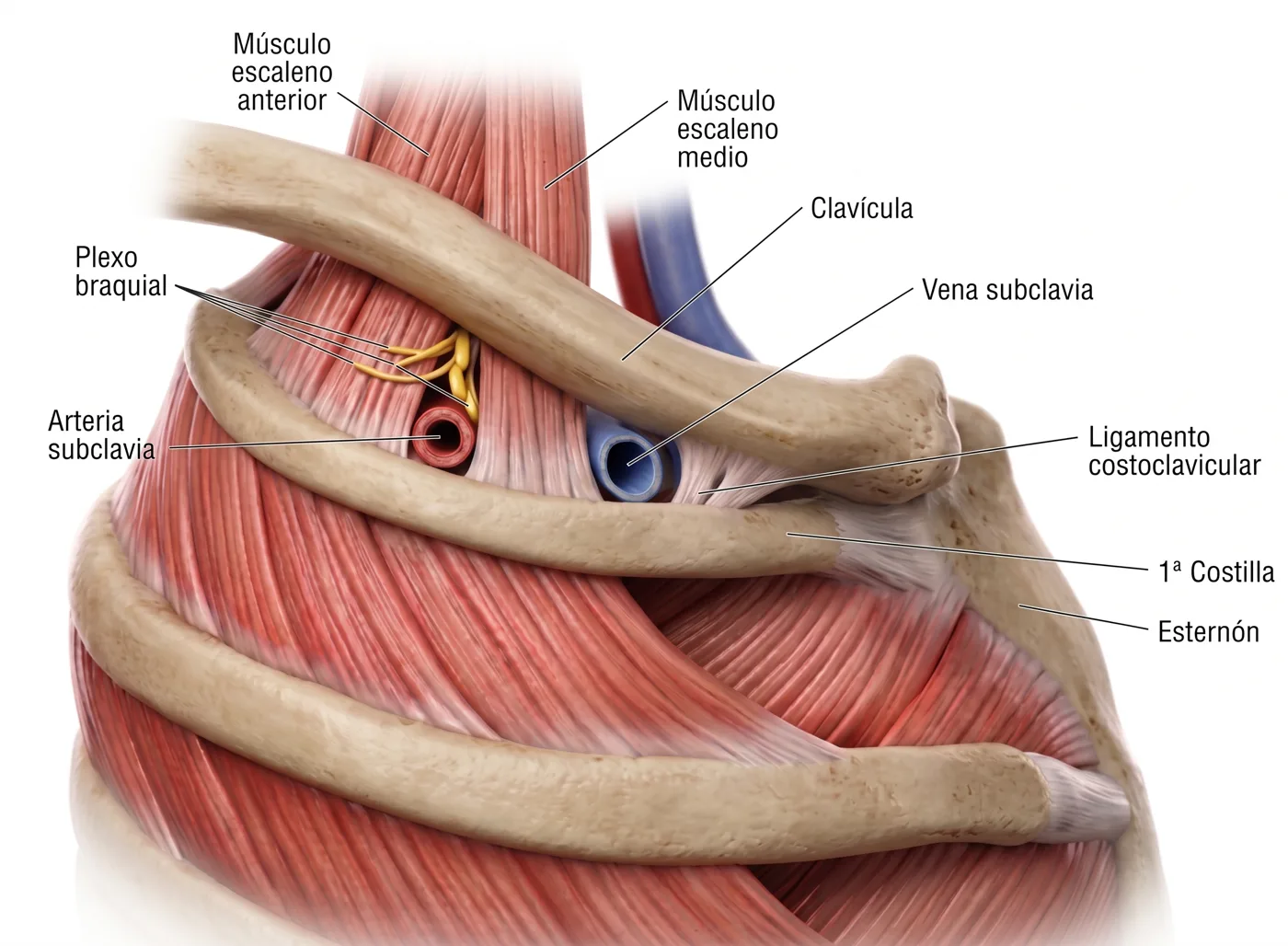 Espacio costoclavicular: clavícula, primera costilla y ligamento costoclavicular, con la vena subclavia por delante del escaleno anterior