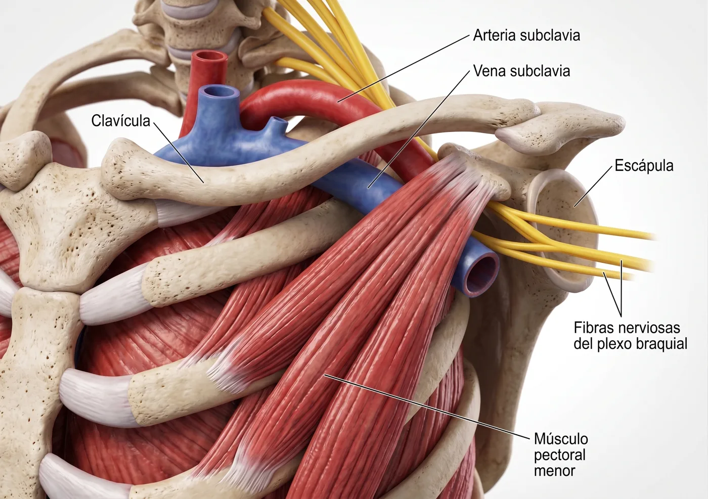 Espacio del pectoral menor: el músculo pectoral menor sobre la vena y la arteria subclavia y las fibras del plexo braquial, bajo la clavícula