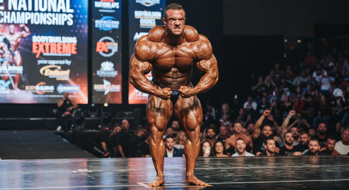 Fisicoculturista en competencia: la hipertrofia de los escalenos y del pectoral menor estrecha los espacios del opérculo torácico