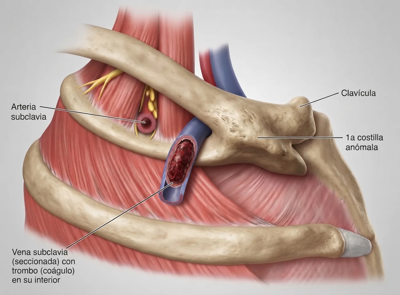 Vena subclavia con trombo en su interior, comprimida entre la clavícula y una primera costilla anómala: síndrome de Paget-Schroetter