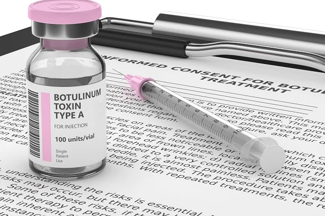 Vial de toxina botulínica tipo A de 100 unidades y jeringa sobre un consentimiento informado